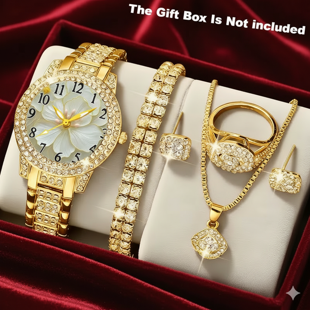 ⌚💎 6pcs Minimalist Quartz Watch & Jewelry Gift Set – Stainless Steel Shockproof Wristwatch with Matching Necklace, Earrings, Bracelet & Ring | Elegant Luxury Set for Women