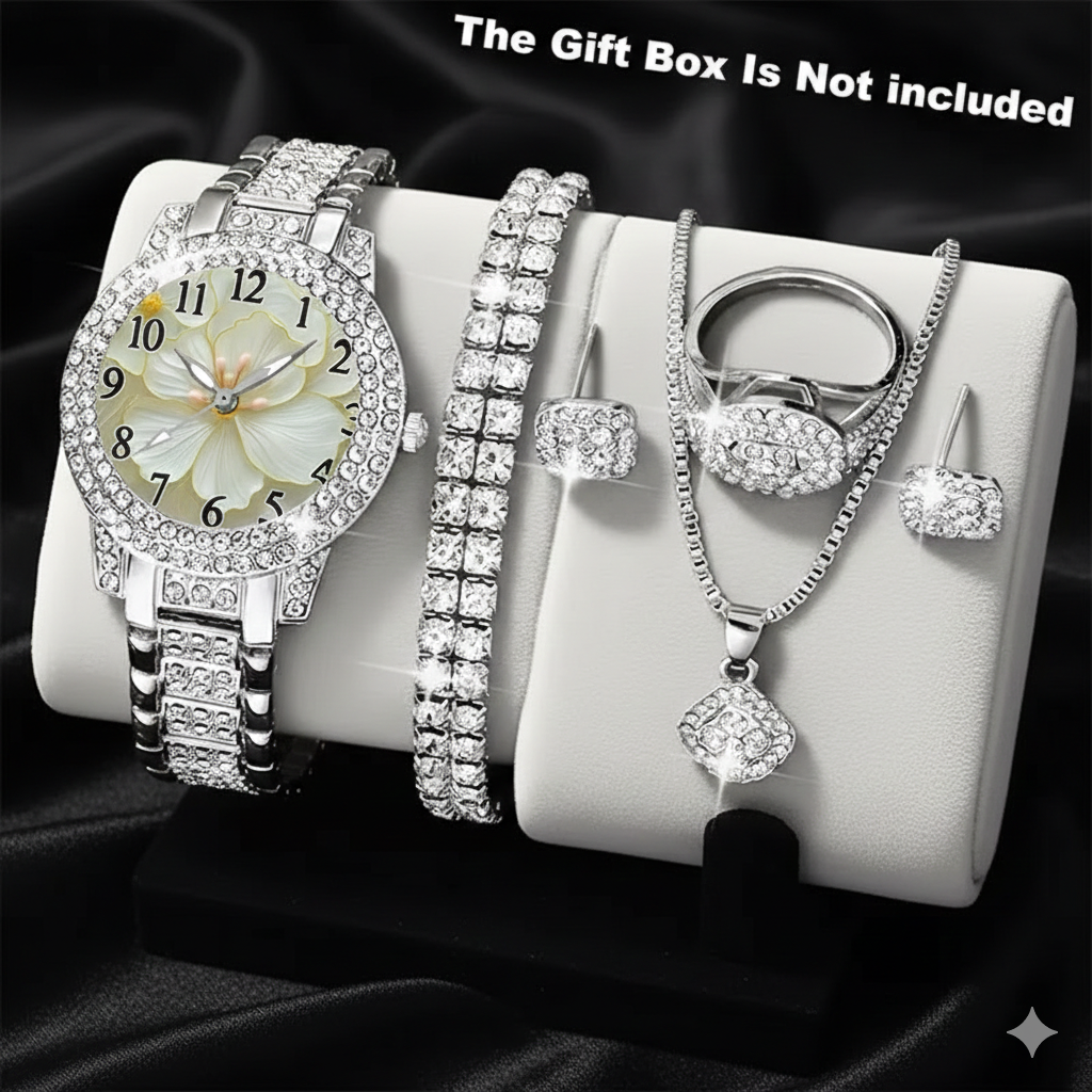 ⌚💎 6pcs Minimalist Quartz Watch & Jewelry Gift Set – Stainless Steel Shockproof Wristwatch with Matching Necklace, Earrings, Bracelet & Ring | Elegant Luxury Set for Women