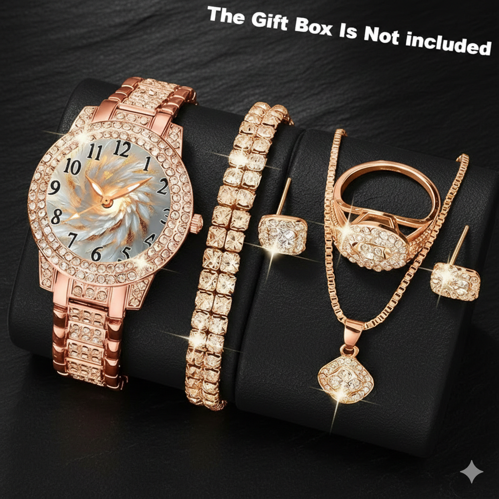 ⌚💎 6pcs Minimalist Quartz Watch & Jewelry Gift Set – Stainless Steel Shockproof Wristwatch with Matching Necklace, Earrings, Bracelet & Ring | Elegant Luxury Set for Women